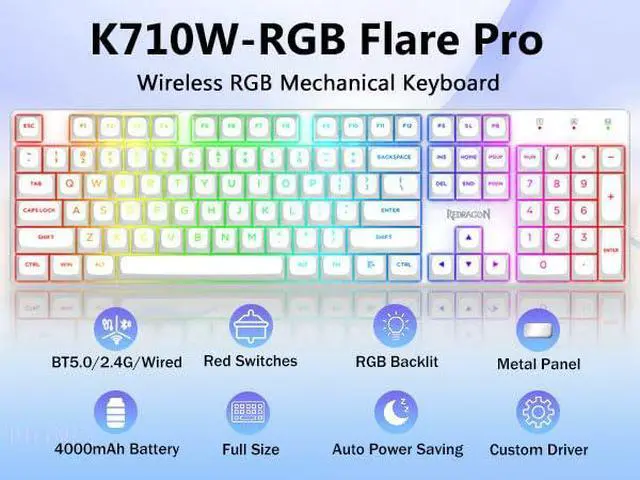 Alt view image 2 of 7 - K710 Wireless Mechanical Gaming Keyboard, Bluetooth/2.4G/Wired Tri-Mode, RGB Backlit, Linear Red Switch, Rechargeable Battery, Solid Metal Panel, PBT Keycaps for PC/Mac, White