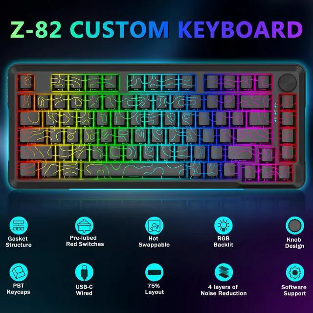 Alt view image 2 of 7 - Wired Mechanical Gaming Keyboard, RGB Backlit, Hot Swappable Pre-lubed Red Switches, Gasket Structure, Knob Control, Quiet Portable 75% Compact Custom for PC, Black