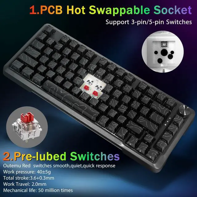 Alt view image 3 of 7 - Wired Mechanical Gaming Keyboard, RGB Backlit, Hot Swappable Pre-lubed Red Switches, Gasket Structure, Knob Control, Quiet Portable 75% Compact Custom for PC, Black