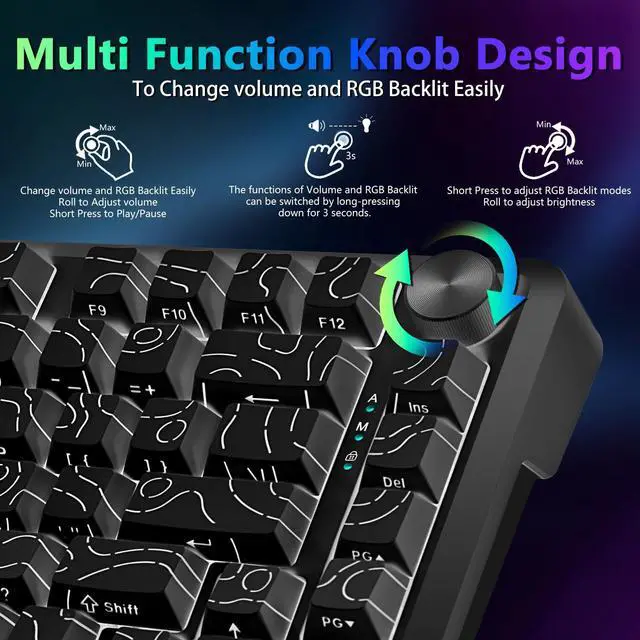 Alt view image 6 of 7 - Wired Mechanical Gaming Keyboard, RGB Backlit, Hot Swappable Pre-lubed Red Switches, Gasket Structure, Knob Control, Quiet Portable 75% Compact Custom for PC, Black