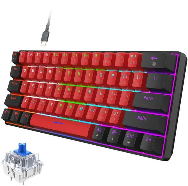Main image of 60% Wired Mechanical Gaming Keyboard, LED Backlit 60 Percent Gaming Keyboard for Windows Laptop PC Mac (Black-Red, Blue Switches)