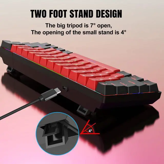 Alt view image 2 of 7 - 60% Wired Mechanical Gaming Keyboard, LED Backlit 60 Percent Gaming Keyboard for Windows Laptop PC Mac (Black-Red, Blue Switches)