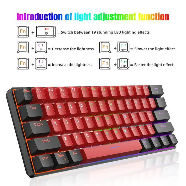 Alt view image 4 of 7 - 60% Wired Mechanical Gaming Keyboard, LED Backlit 60 Percent Gaming Keyboard for Windows Laptop PC Mac (Black-Red, Blue Switches)