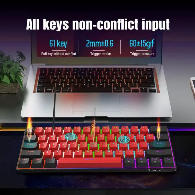 Alt view image 5 of 7 - 60% Wired Mechanical Gaming Keyboard, LED Backlit 60 Percent Gaming Keyboard for Windows Laptop PC Mac (Black-Red, Blue Switches)