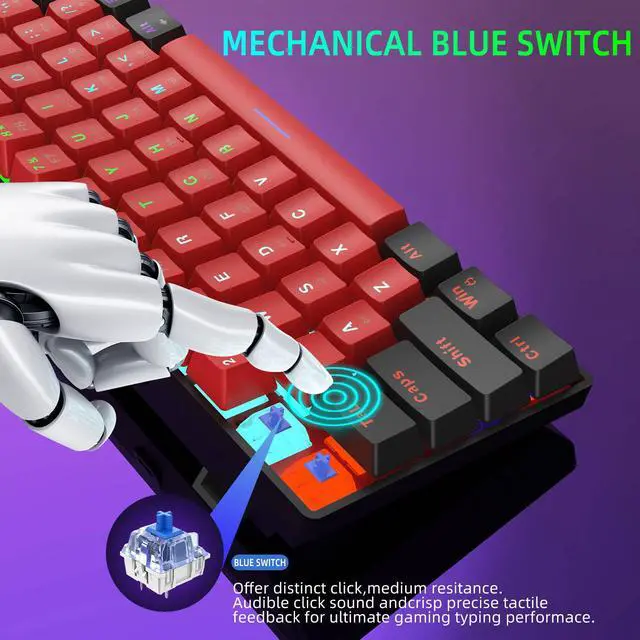 Alt view image 3 of 7 - 60% Wired Mechanical Gaming Keyboard, LED Backlit 60 Percent Gaming Keyboard for Windows Laptop PC Mac (Black-Red, Blue Switches)