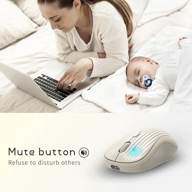 Alt view image 3 of 7 - Wireless Mouse, 2.4G + Bluetooth, Rechargeable Battery, 4-Key, DPI: 800/1200/1600, Silent, Type-C, USB Nano Receiver, Ergonomic, Portable, for Laptop, Chromebook, PC, Mac, Windows (Beige)