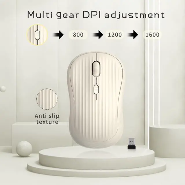 Alt view image 4 of 7 - Wireless Mouse, 2.4G + Bluetooth, Rechargeable Battery, 4-Key, DPI: 800/1200/1600, Silent, Type-C, USB Nano Receiver, Ergonomic, Portable, for Laptop, Chromebook, PC, Mac, Windows (Beige)