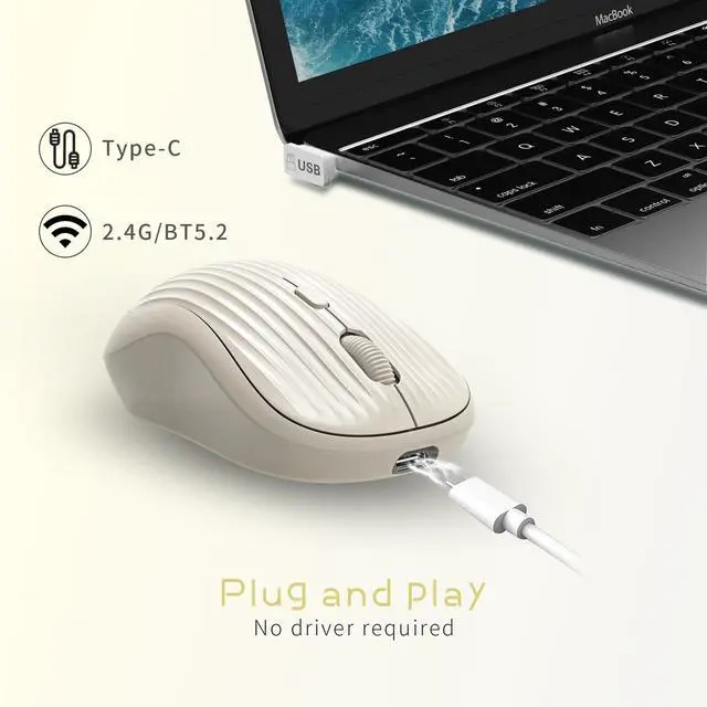Alt view image 6 of 7 - Wireless Mouse, 2.4G + Bluetooth, Rechargeable Battery, 4-Key, DPI: 800/1200/1600, Silent, Type-C, USB Nano Receiver, Ergonomic, Portable, for Laptop, Chromebook, PC, Mac, Windows (Beige)