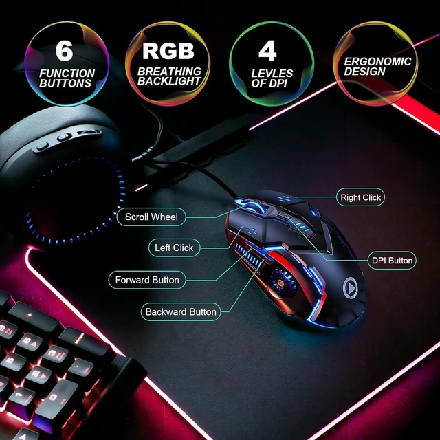 Alt view image 5 of 7 - Silent Click Mouse, Gaming Mouse Wired, 6 Button,4 DPI Upto 3200 DPI, RGB Lights, Compatibility for PC/Laptop/Mac