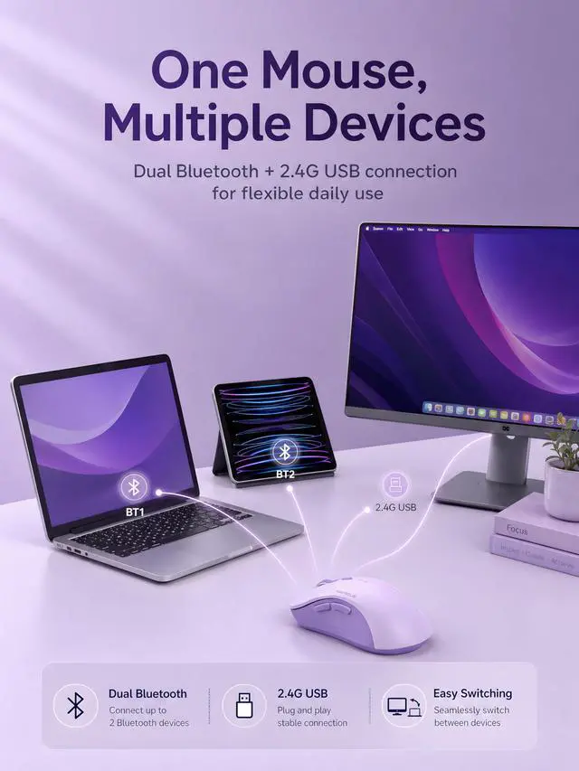 Alt view image 2 of 7 - Bluetooth Wireless Mouse, Dual Bluetooth & 2.4GHz USB Receiver, Right-Hand Design, Quiet Clicks, Low Power, Portable Multi-Device Compatibility for MacBook, Laptop, Computer, iPad, PC - Purple