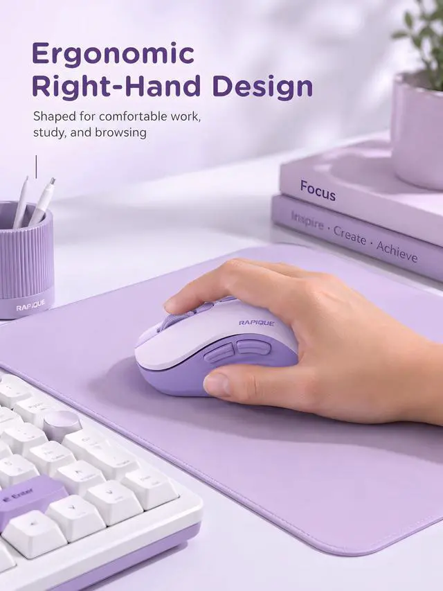 Alt view image 3 of 7 - Bluetooth Wireless Mouse, Dual Bluetooth & 2.4GHz USB Receiver, Right-Hand Design, Quiet Clicks, Low Power, Portable Multi-Device Compatibility for MacBook, Laptop, Computer, iPad, PC - Purple