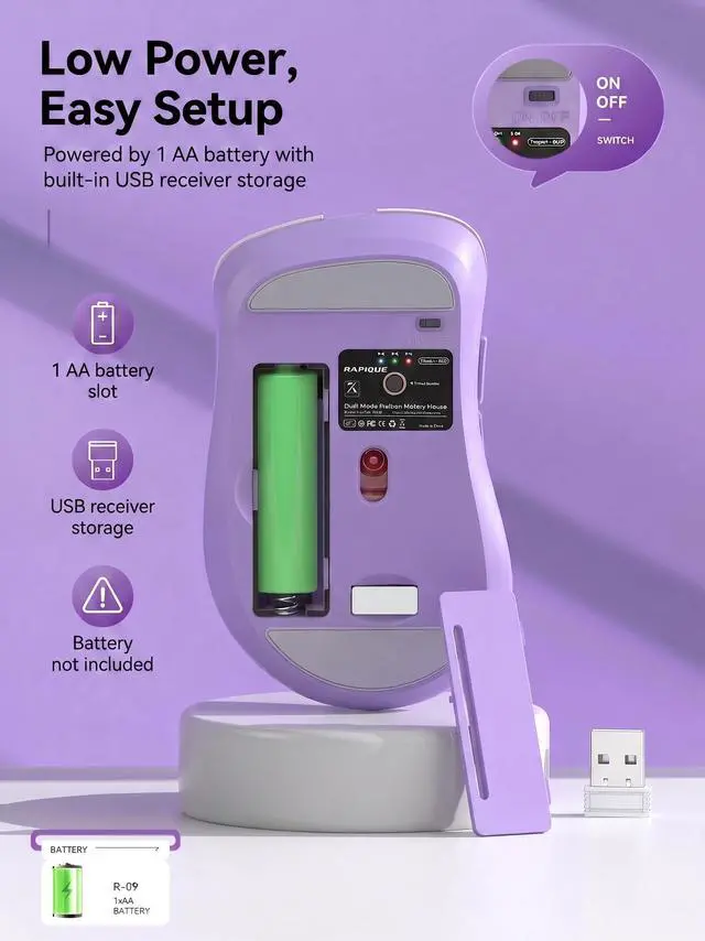 Alt view image 5 of 7 - Bluetooth Wireless Mouse, Dual Bluetooth & 2.4GHz USB Receiver, Right-Hand Design, Quiet Clicks, Low Power, Portable Multi-Device Compatibility for MacBook, Laptop, Computer, iPad, PC - Purple