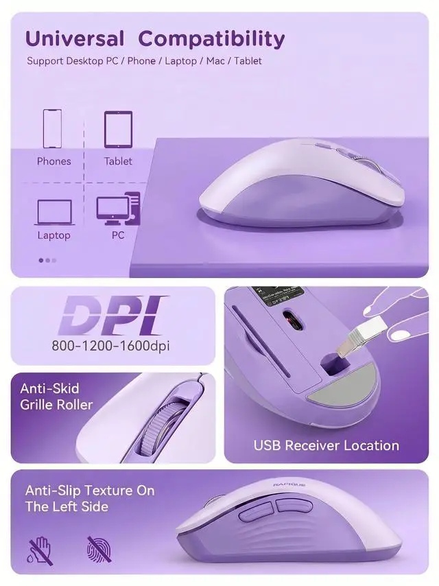 Alt view image 6 of 7 - Bluetooth Wireless Mouse, Dual Bluetooth & 2.4GHz USB Receiver, Right-Hand Design, Quiet Clicks, Low Power, Portable Multi-Device Compatibility for MacBook, Laptop, Computer, iPad, PC - Purple
