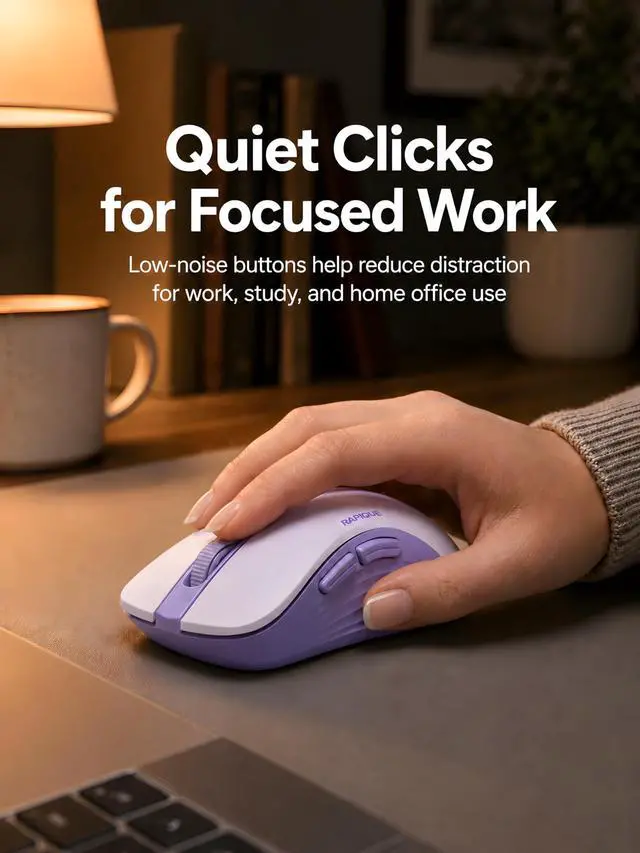 Alt view image 4 of 7 - Bluetooth Wireless Mouse, Dual Bluetooth & 2.4GHz USB Receiver, Right-Hand Design, Quiet Clicks, Low Power, Portable Multi-Device Compatibility for MacBook, Laptop, Computer, iPad, PC - Purple