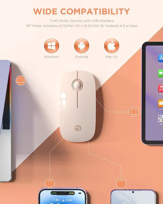 Alt view image 5 of 6 - Bluetooth Wireless Mouse - (BT5.1+USB) Slim Dual Mode Computer Mice with Quiet Click, Low Power, and 1600 DPI, Portable Cordless Mouse for MacBook, Laptop, iPad Pro/Air, Tablet (Pink)