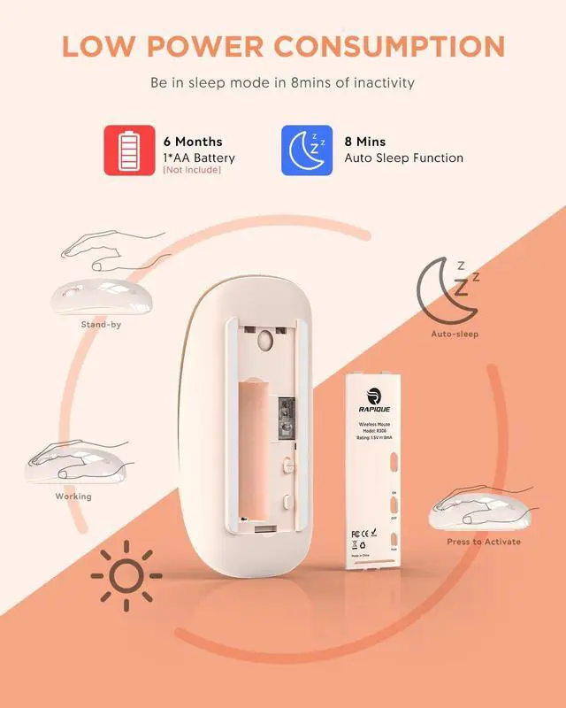 Alt view image 4 of 6 - Bluetooth Wireless Mouse - (BT5.1+USB) Slim Dual Mode Computer Mice with Quiet Click, Low Power, and 1600 DPI, Portable Cordless Mouse for MacBook, Laptop, iPad Pro/Air, Tablet (Pink)