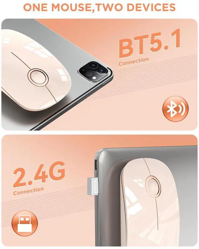 Alt view image 2 of 6 - Bluetooth Wireless Mouse - (BT5.1+USB) Slim Dual Mode Computer Mice with Quiet Click, Low Power, and 1600 DPI, Portable Cordless Mouse for MacBook, Laptop, iPad Pro/Air, Tablet (Pink)