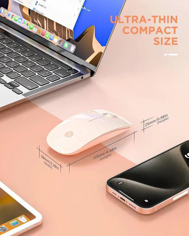Alt view image 6 of 6 - Bluetooth Wireless Mouse - (BT5.1+USB) Slim Dual Mode Computer Mice with Quiet Click, Low Power, and 1600 DPI, Portable Cordless Mouse for MacBook, Laptop, iPad Pro/Air, Tablet (Pink)