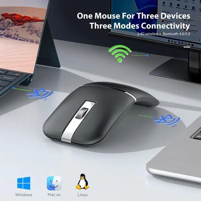 Alt view image 3 of 7 - Bluetooth Wireless Arc Travel Mouse, Bluetooth 5.0/4.0 & 2.4G Tri-Mode, Rotating Foldable Ergonomic Mice, Type-C Rechargeable Multi-Device for Microsoft Laptop, PC, MacBook, Chromebook, Lenovo - Black