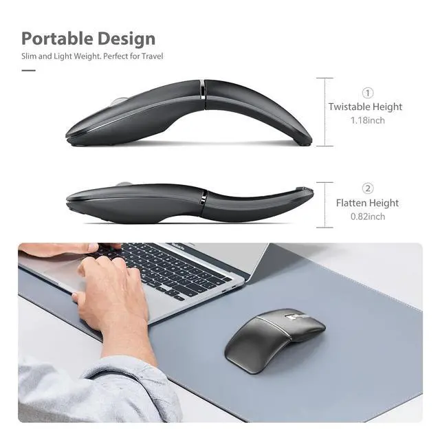 Alt view image 5 of 7 - Bluetooth Wireless Arc Travel Mouse, Bluetooth 5.0/4.0 & 2.4G Tri-Mode, Rotating Foldable Ergonomic Mice, Type-C Rechargeable Multi-Device for Microsoft Laptop, PC, MacBook, Chromebook, Lenovo - Black