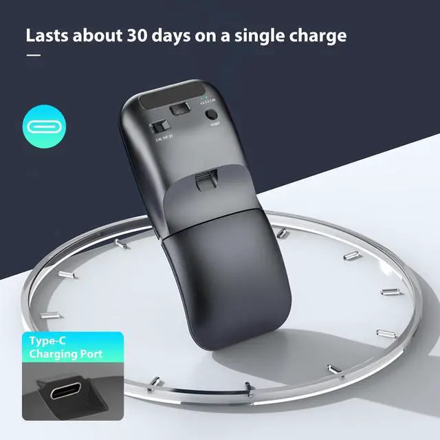 Alt view image 6 of 7 - Bluetooth Wireless Arc Travel Mouse, Bluetooth 5.0/4.0 & 2.4G Tri-Mode, Rotating Foldable Ergonomic Mice, Type-C Rechargeable Multi-Device for Microsoft Laptop, PC, MacBook, Chromebook, Lenovo - Black