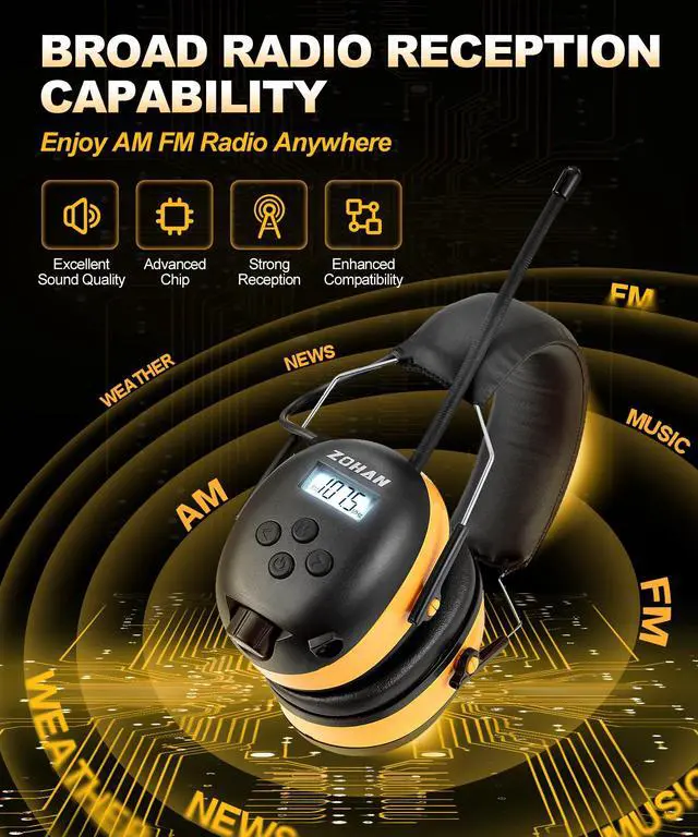 Alt view image 2 of 7 - AM/FM Radio Headphone with Digital Display,30dB SNR,Ear Protection Noise Reduction Earmuffs for Mowing,Comfortable Hearing Protector(Yellow,Radio)