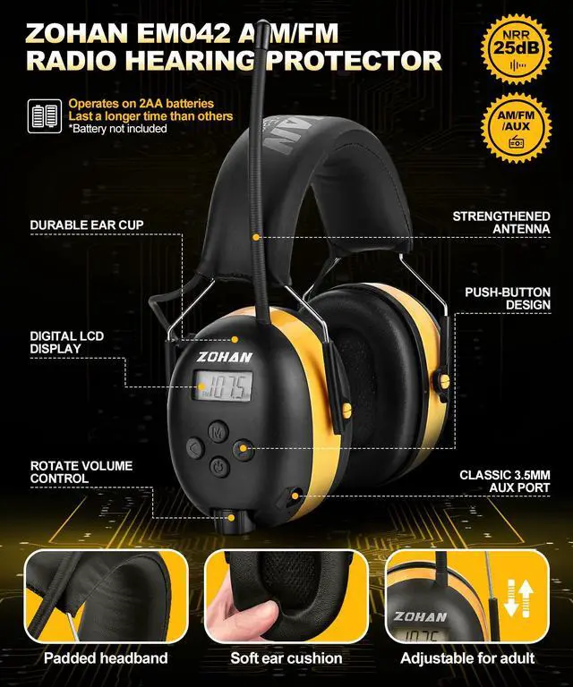 Alt view image 4 of 7 - AM/FM Radio Headphone with Digital Display,30dB SNR,Ear Protection Noise Reduction Earmuffs for Mowing,Comfortable Hearing Protector(Yellow,Radio)