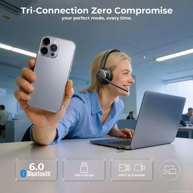 Alt view image 3 of 7 - Wireless Headset with Mic for Work, USB A/C Dongle, Bluetooth 6.0 Headset with AI Noise Cancelling Microphone, Wireless Headphones with Mic Mute & 65H, Wireless Headset for PC/Computer/Laptop/Teams