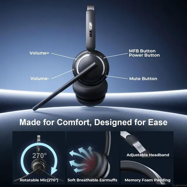Alt view image 6 of 7 - Wireless Headset with Mic for Work, USB A/C Dongle, Bluetooth 6.0 Headset with AI Noise Cancelling Microphone, Wireless Headphones with Mic Mute & 65H, Wireless Headset for PC/Computer/Laptop/Teams