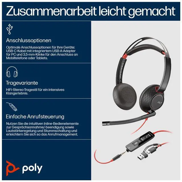 Alt view image 6 of 7 - Poly Blackwire 5220 Stereo USB-C Headset + 3.5mm Plug + USB-C/A Adapter