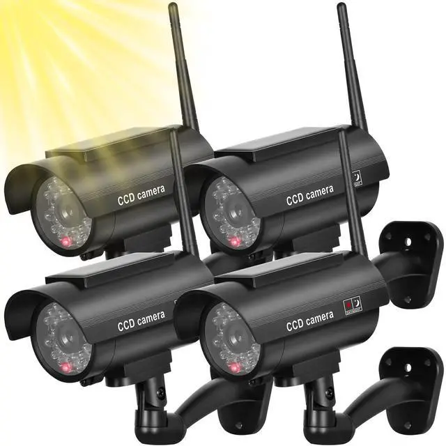 Main image of Solar Powered Fake Security Camera, Bullet Dummy Security Camera Simulated Surveillance System with Realistic Red Flashing Light Sensor and Warning Sticker for Indoor/Outdoor(4Pack, Black)