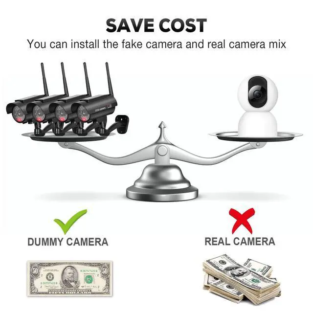 Alt view image 5 of 7 - Solar Powered Fake Security Camera, Bullet Dummy Security Camera Simulated Surveillance System with Realistic Red Flashing Light Sensor and Warning Sticker for Indoor/Outdoor(4Pack, Black)