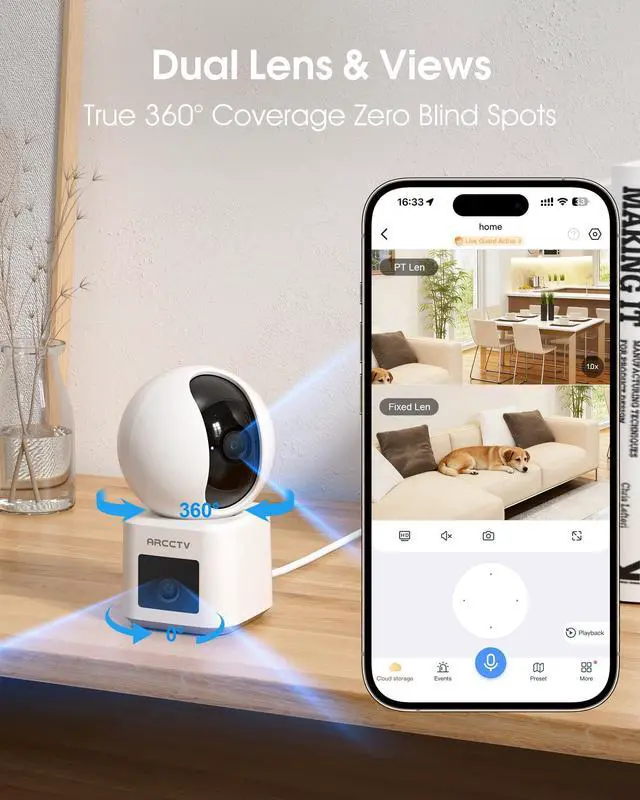 Alt view image 2 of 6 - 2-Pack Dual Lens Indoor Security Camera, 2.5K WiFi 6 Pet Camera for Home Security System, 4-View Whole Home Coverage, 360° AI Tracking, 5GHz/2.4GHz Dog Camera, Night Vision, Phone App