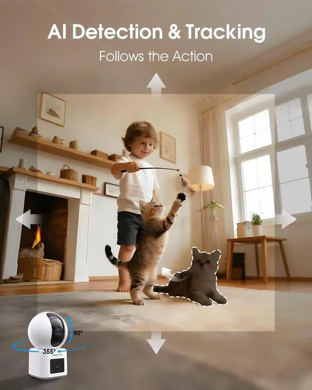 Alt view image 5 of 6 - 2-Pack Dual Lens Indoor Security Camera, 2.5K WiFi 6 Pet Camera for Home Security System, 4-View Whole Home Coverage, 360° AI Tracking, 5GHz/2.4GHz Dog Camera, Night Vision, Phone App