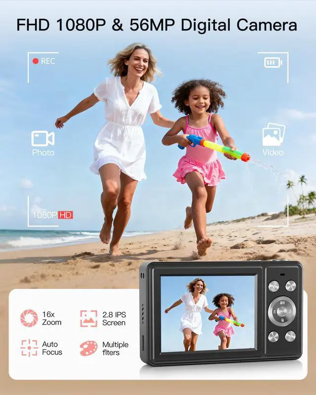 Alt view image 2 of 7 - Digital Camera, FHD 1080P Point and Shoot Camera, 32GB SD Card, 2 Batteries