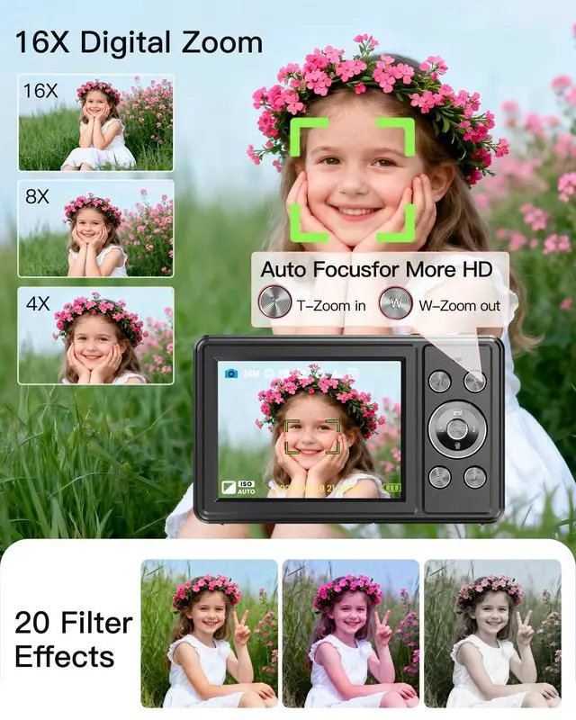 Alt view image 5 of 7 - Digital Camera, FHD 1080P Point and Shoot Camera, 32GB SD Card, 2 Batteries