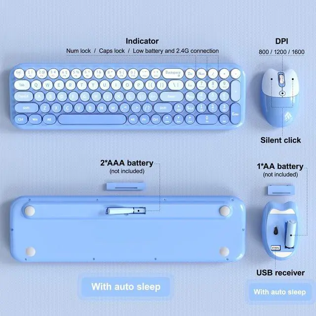 Alt view image 5 of 7 - Wireless Keyboard and Mouse Combo, Full Size 2.4G Retro Round Computer Keyboard and Mouse Set, Plug and Play, for Windows, Computer, Desktop, PC, Notebook - (Blue Gradient)