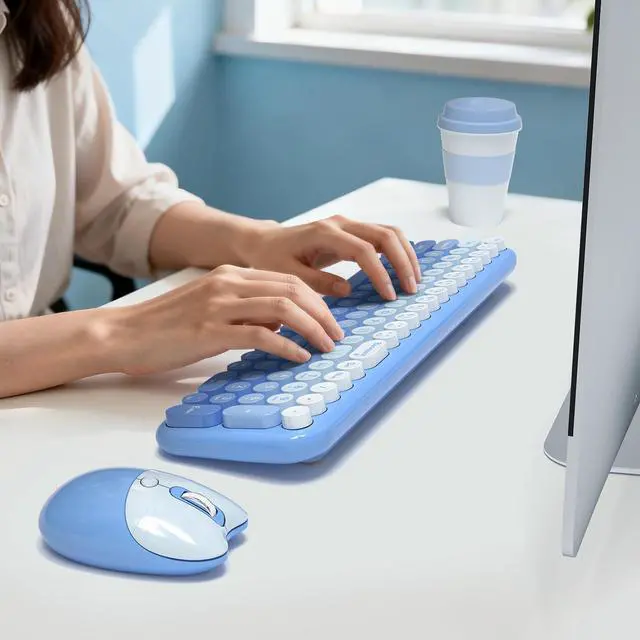 Alt view image 6 of 7 - Wireless Keyboard and Mouse Combo, Full Size 2.4G Retro Round Computer Keyboard and Mouse Set, Plug and Play, for Windows, Computer, Desktop, PC, Notebook - (Blue Gradient)