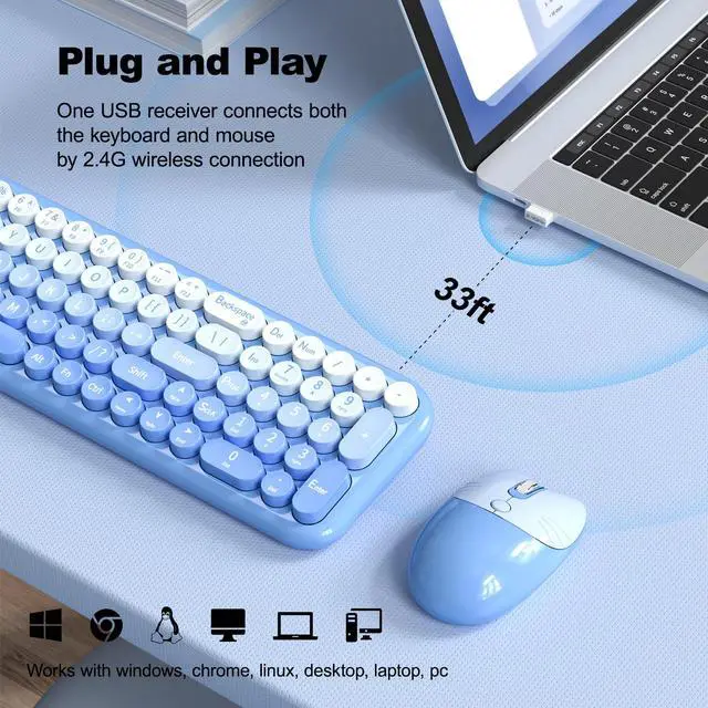 Alt view image 2 of 7 - Wireless Keyboard and Mouse Combo, Full Size 2.4G Retro Round Computer Keyboard and Mouse Set, Plug and Play, for Windows, Computer, Desktop, PC, Notebook - (Blue Gradient)