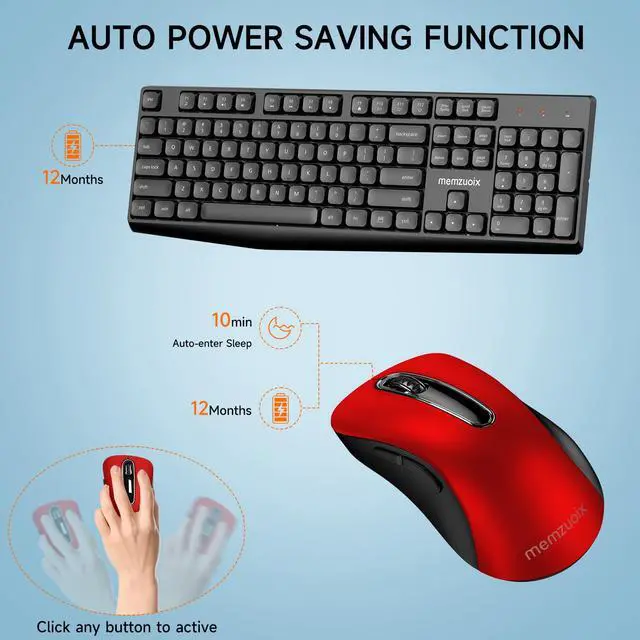 Alt view image 3 of 7 - Wireless Keyboard and Mouse Combo, 2.4G Full-Size Ergonomic Set with 1400 DPI Mouse, Lag-Free USB Receiver, 6-Month Battery Life for PC/Laptop/Windows/Mac (Black Keyboard + Red Mouse)