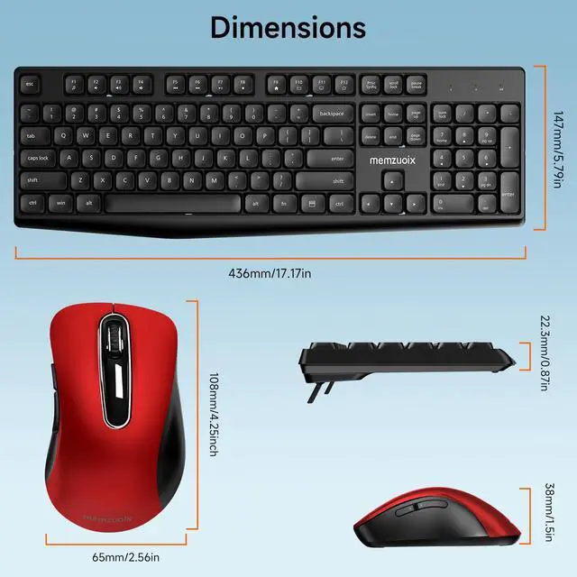 Alt view image 6 of 7 - Wireless Keyboard and Mouse Combo, 2.4G Full-Size Ergonomic Set with 1400 DPI Mouse, Lag-Free USB Receiver, 6-Month Battery Life for PC/Laptop/Windows/Mac (Black Keyboard + Red Mouse)
