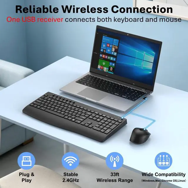 Alt view image 2 of 7 - Wireless Keyboard and Mouse Combo, Full-Size Ergonomic Computer Set with Palm Rest, Lag-Free 2.4G USB Cordless Quiet Typing, Silent Click, Auto-Sleep for PC, Mac, Laptop, Windows (Black)