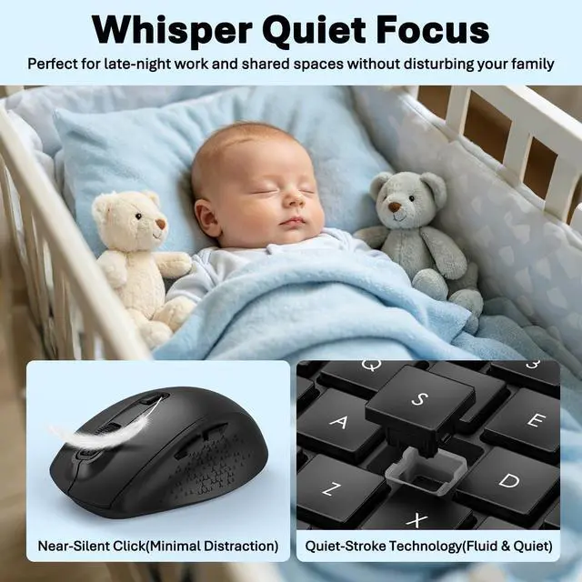 Alt view image 4 of 7 - Wireless Keyboard and Mouse Combo, Full-Size Ergonomic Computer Set with Palm Rest, Lag-Free 2.4G USB Cordless Quiet Typing, Silent Click, Auto-Sleep for PC, Mac, Laptop, Windows (Black)