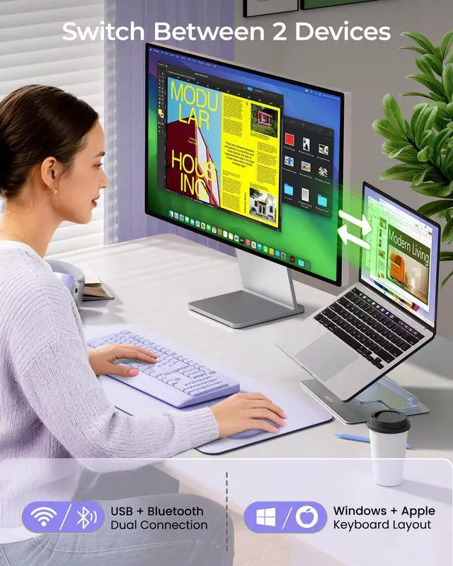 Alt view image 2 of 7 - Wireless Bluetooth Keyboard Mouse Combo, Ergonomic Keyboard with Wrist Rest, Silent Mouse, USB & Bluetooth Multi-Device, Full-Size Compatible for Windows PC Laptop Mac MacBook, Purple