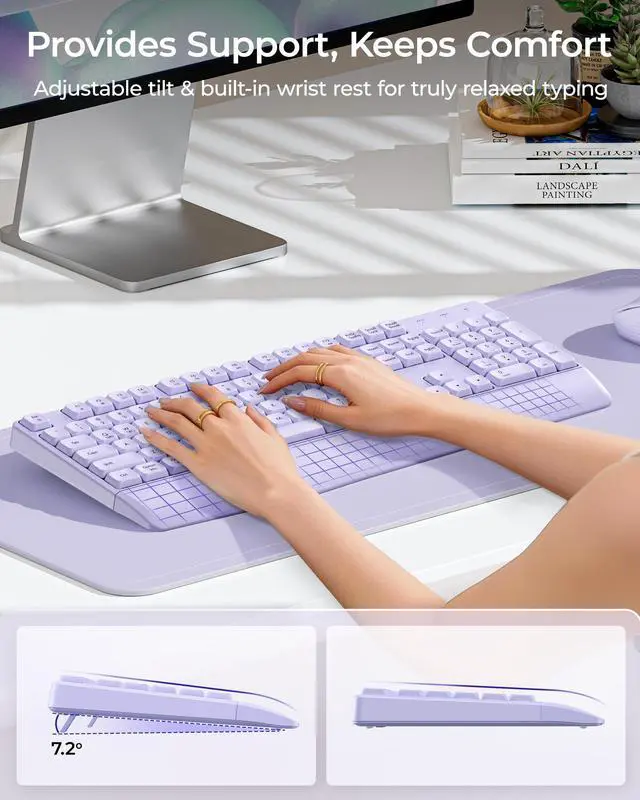 Alt view image 3 of 7 - Wireless Bluetooth Keyboard Mouse Combo, Ergonomic Keyboard with Wrist Rest, Silent Mouse, USB & Bluetooth Multi-Device, Full-Size Compatible for Windows PC Laptop Mac MacBook, Purple