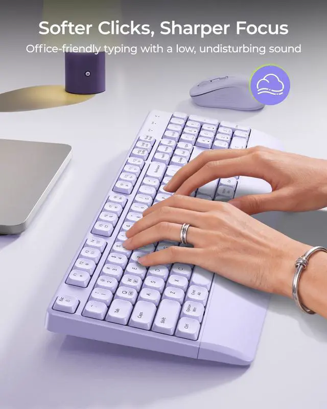 Alt view image 5 of 7 - Wireless Bluetooth Keyboard Mouse Combo, Ergonomic Keyboard with Wrist Rest, Silent Mouse, USB & Bluetooth Multi-Device, Full-Size Compatible for Windows PC Laptop Mac MacBook, Purple