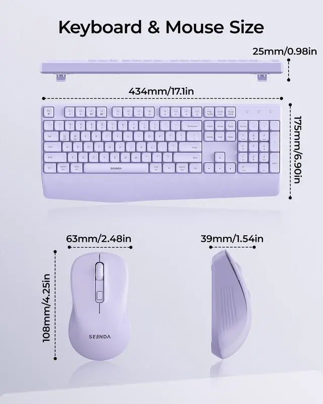 Alt view image 7 of 7 - Wireless Bluetooth Keyboard Mouse Combo, Ergonomic Keyboard with Wrist Rest, Silent Mouse, USB & Bluetooth Multi-Device, Full-Size Compatible for Windows PC Laptop Mac MacBook, Purple