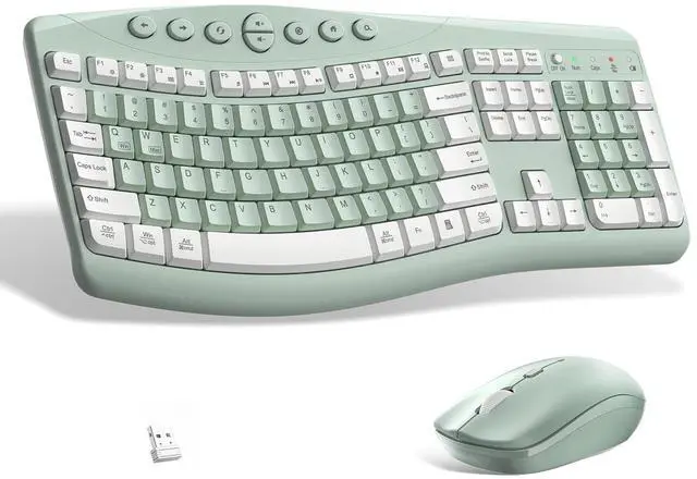 Main image of Wireless Keyboard and Mouse Combo,2.4G Full Size Ergonomic Curved Silent Keyboard with Fn Multimedia Keys for Office and Home, 3-DPI Quiet Mouse for Windows,Mac OS Desktop/Laptop/PC(Avocado Green-A)