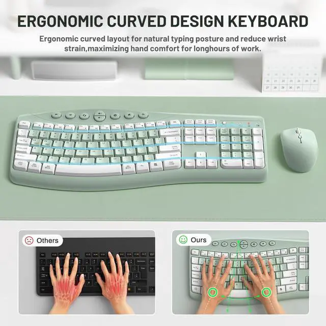 Alt view image 3 of 7 - Wireless Keyboard and Mouse Combo,2.4G Full Size Ergonomic Curved Silent Keyboard with Fn Multimedia Keys for Office and Home, 3-DPI Quiet Mouse for Windows,Mac OS Desktop/Laptop/PC(Avocado Green-A)