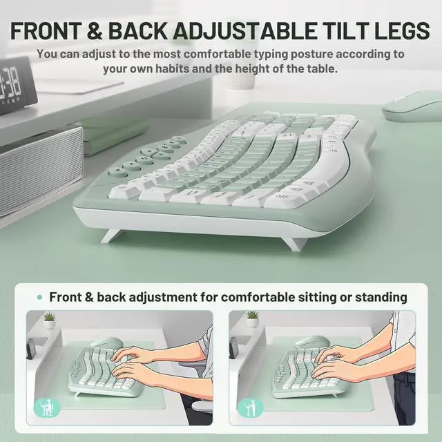 Alt view image 5 of 7 - Wireless Keyboard and Mouse Combo,2.4G Full Size Ergonomic Curved Silent Keyboard with Fn Multimedia Keys for Office and Home, 3-DPI Quiet Mouse for Windows,Mac OS Desktop/Laptop/PC(Avocado Green-A)